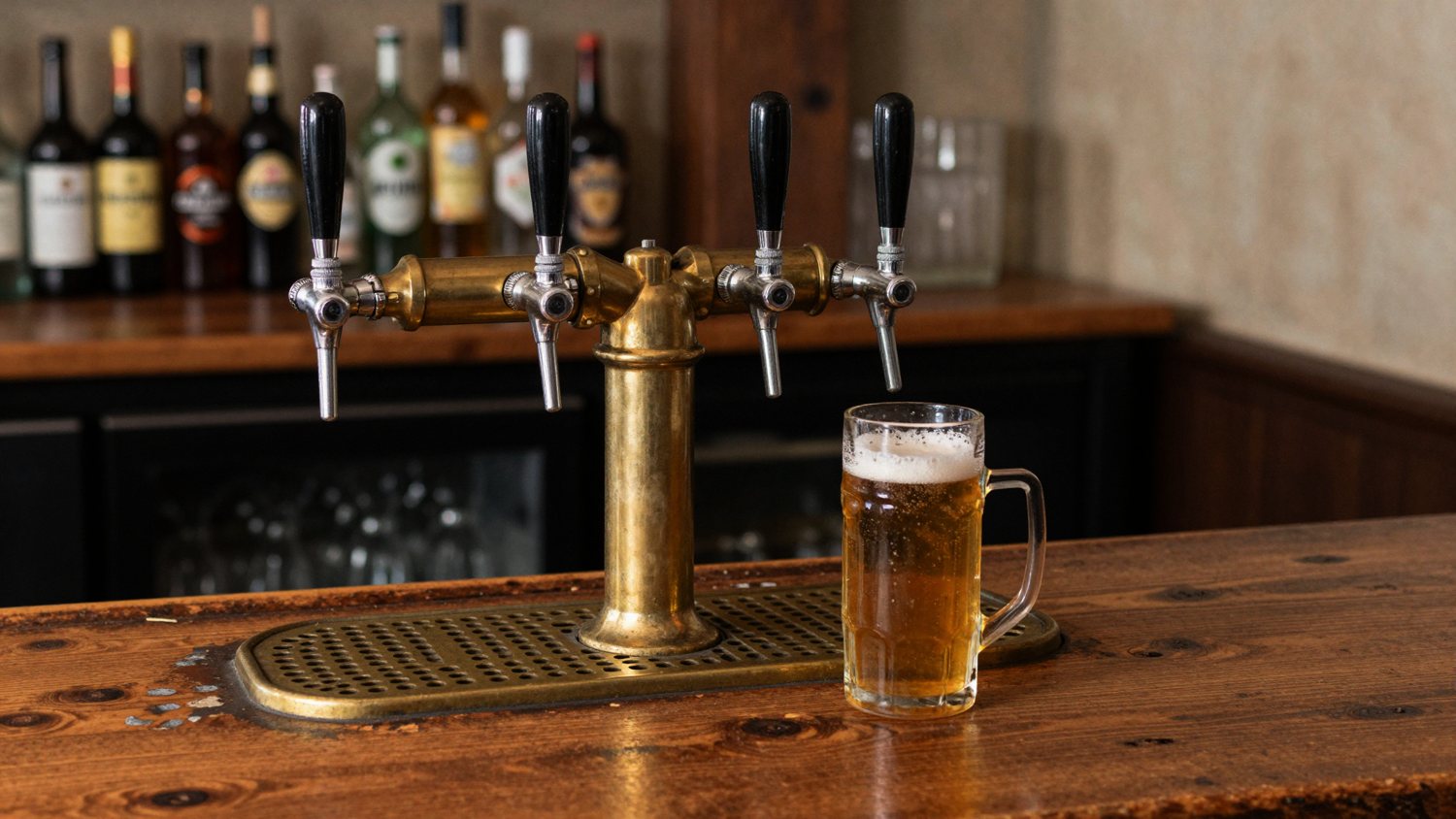 Four tap handles on a brass tower set into the worn wooden bar top, a glass mug of draft beer beside the drip tray, back bar bottles soft behind.